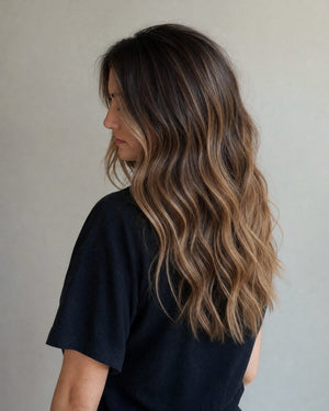 Soft caramel balayage on long brunette waves (style illustration)