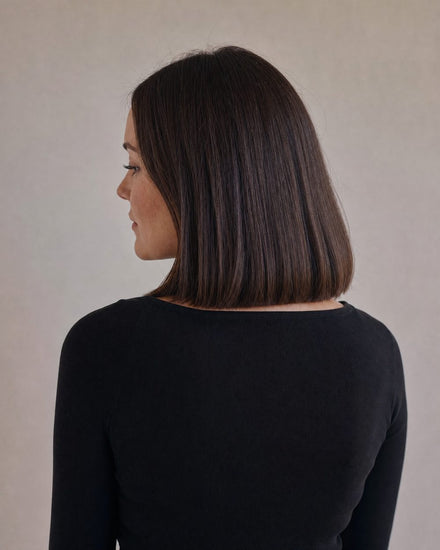 Glossy dark brown collarbone lob (style illustration)