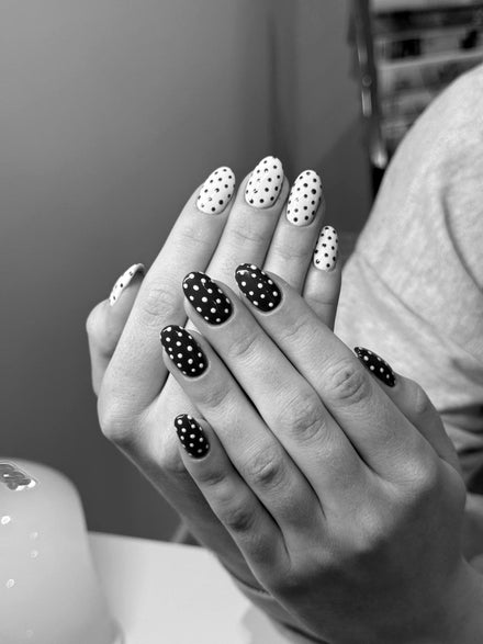 Polka dot BIAB nails by Natasha at Crew Stylists